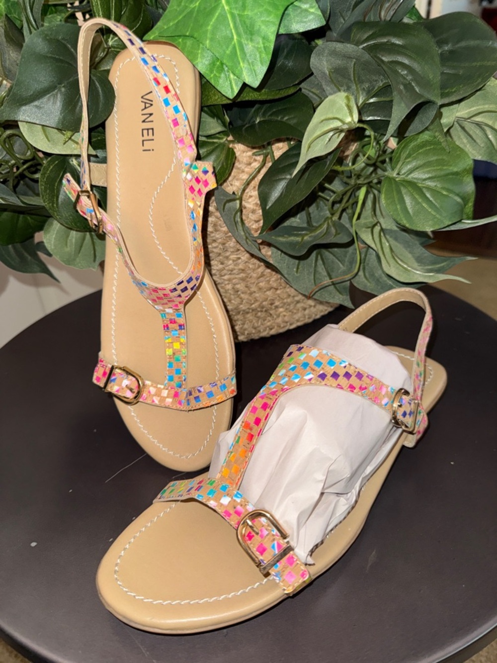 Van Eli Multicolor Mosaic T‑Strap Sandals - Beige/Multicolor Size 11 M